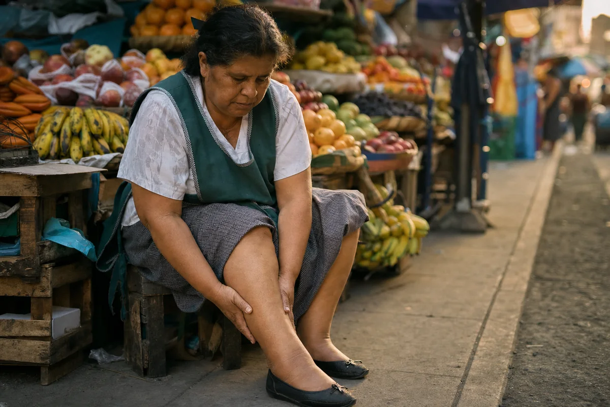 Vendedora de un mercado de Lima sentada en su puesto, con las manos sobre sus piernas cansadas