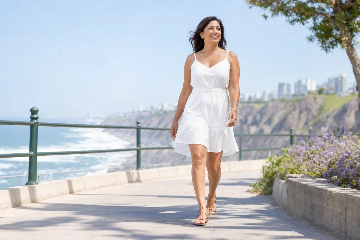 Mujer con vestido blanco camina con las piernas livianas por el Malecón de Miraflores